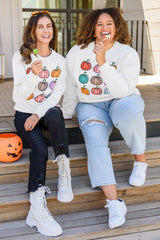 Beige Vibrant Pumpkins Print Crew Neck Halloween Sweatshirt from MsDressly