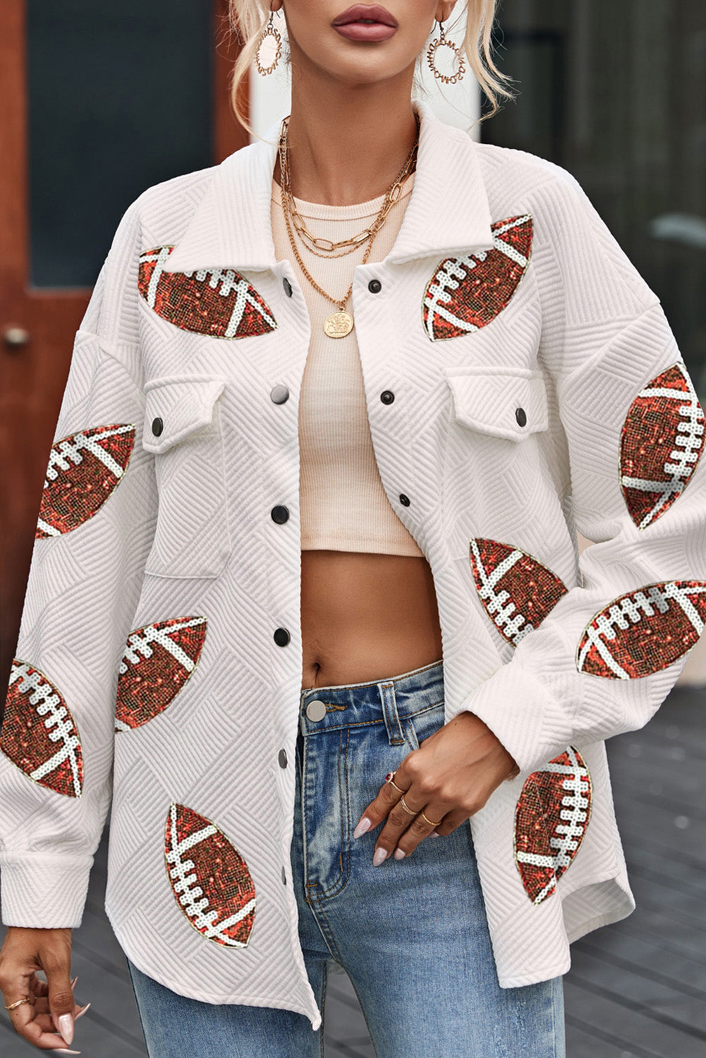 Beige Bubble Gum Texture Sequined Rugby Football Shacket from MsDressly