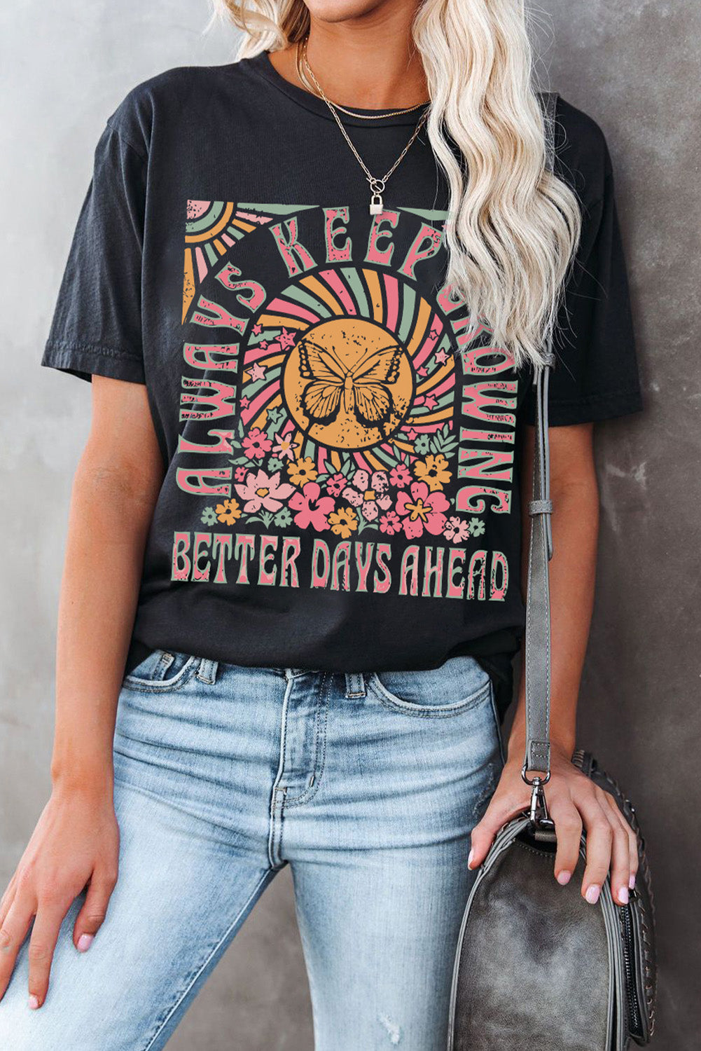 Black Always Keep Growing Butterfly Flower Crewneck T-Shirts from MsDressly