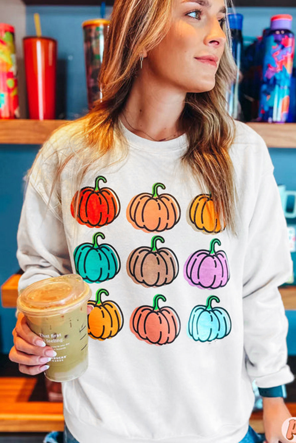 Beige Vibrant Pumpkins Print Crew Neck Halloween Sweatshirt from MsDressly