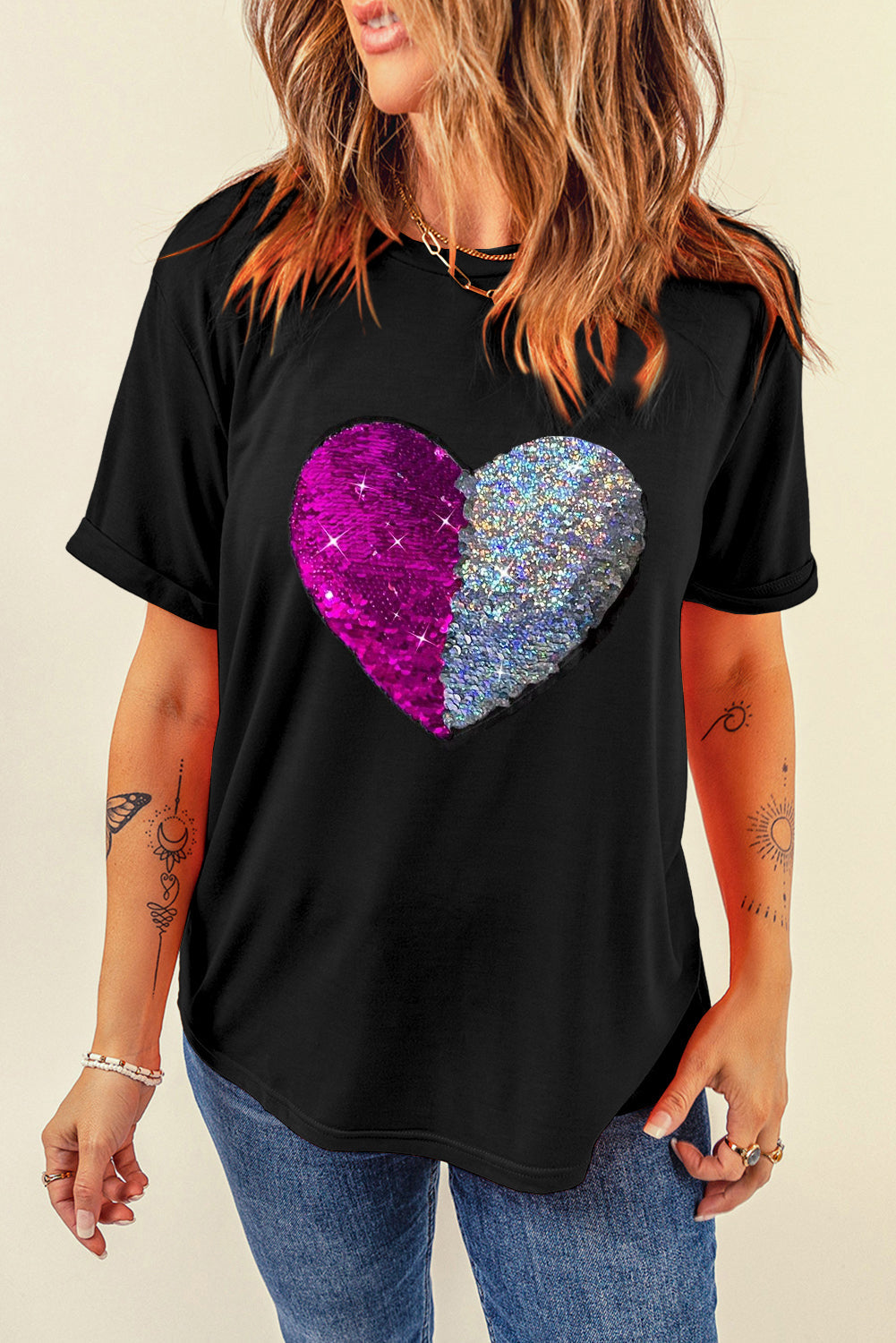 Black Valentine Two Tone Sequined Heart Shaped Graphic T Shirt from MsDressly