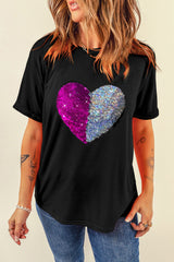 Black Valentine Two Tone Sequined Heart Shaped Graphic T Shirt from MsDressly