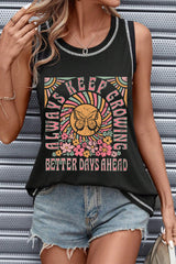Black Letters Butterfly Floral Printed Stitching Crewneck Tank Top From MsDressly