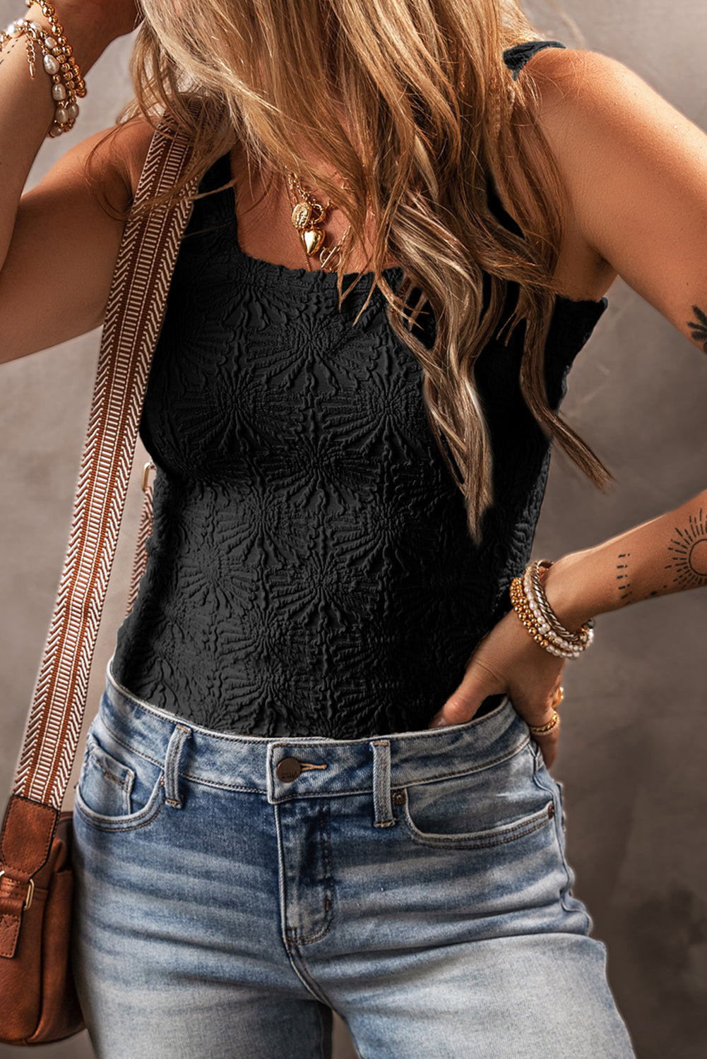 Black Floral Jacquard Square Neck Tank Top From MsDressly