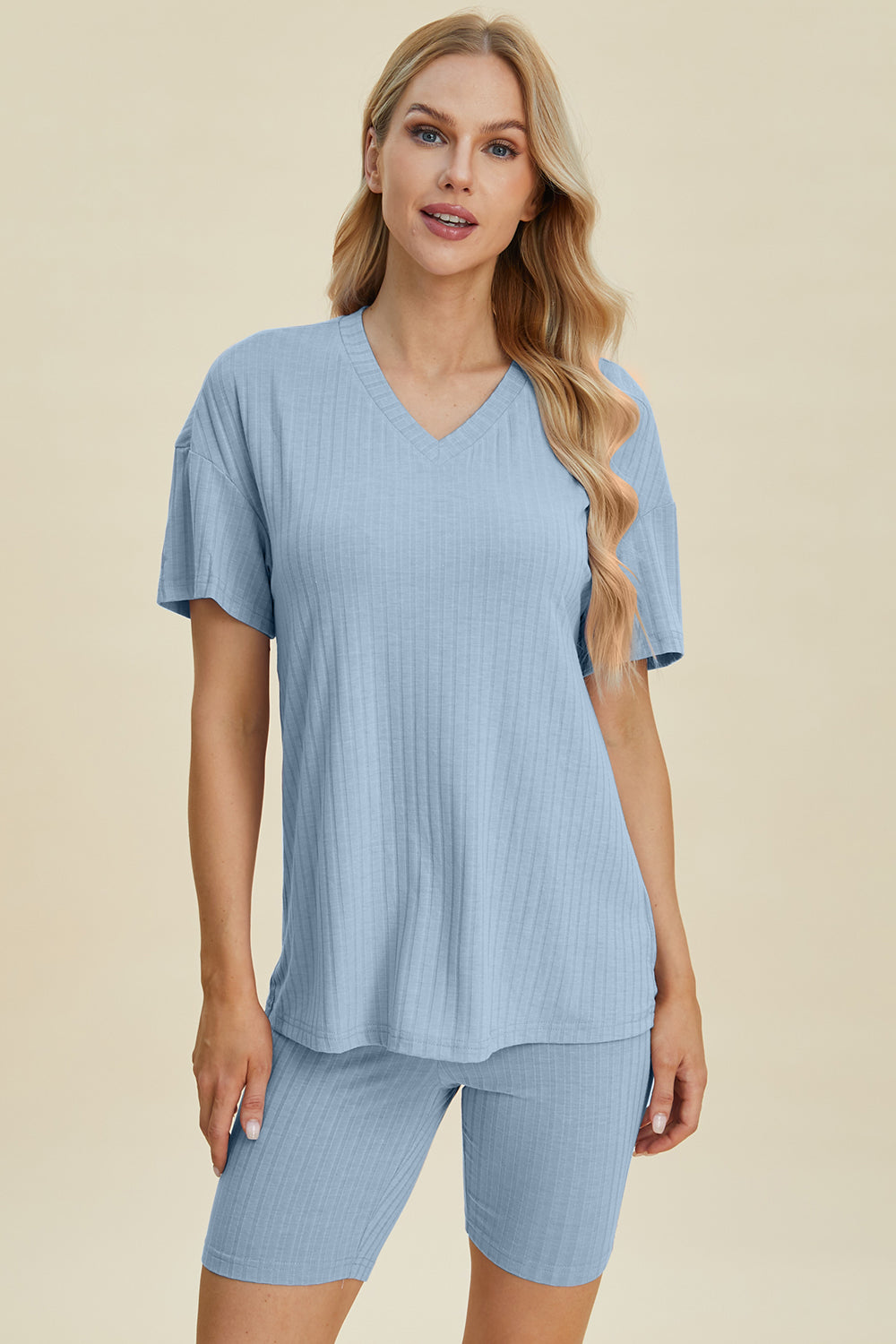 Basic Bae Full Size Ribbed V-Neck Short Sleeve Top and Shorts Set from Enfance-Heureuse