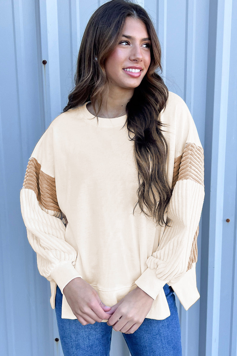 Apricot Corduroy Patchwork Drop Shoulder Long Sleeve Sweatshirt from MsDressly