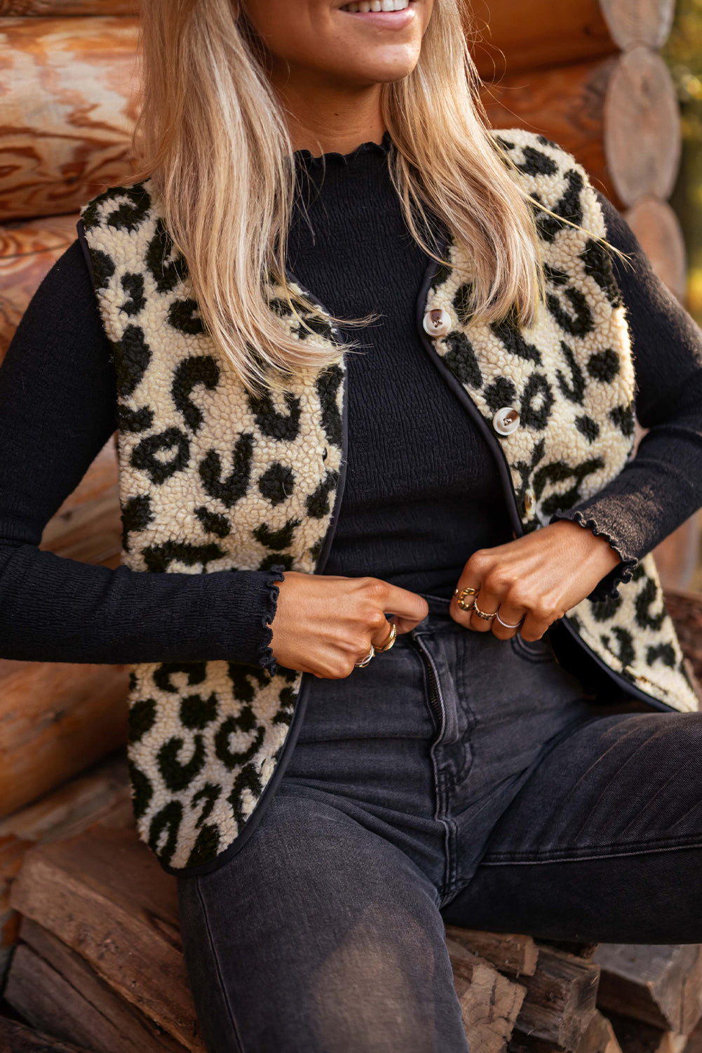 Black Leopard Print Sherpa Vest Coat From MsDressly