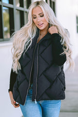 Black Quilted Zipper Front Hooded Vest Coat From MsDressly