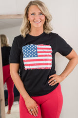 Black Frayed American Flag Printed Crewneck T Shirt from MsDressly