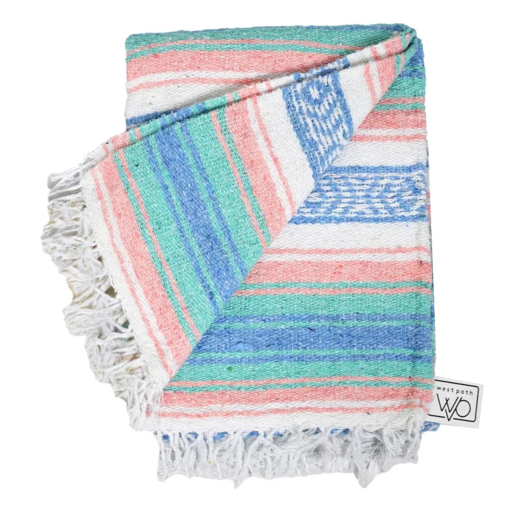 Mint, Blue & Coral Peach Mexican Falsa Blanket From West Path