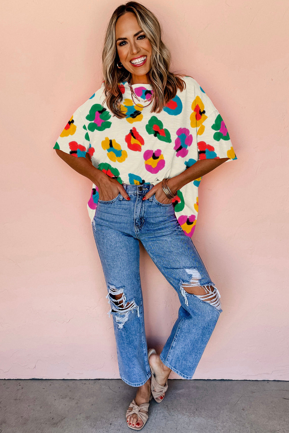 Apricot Leopard Drop Shoulder Oversize Tee from MsDressly