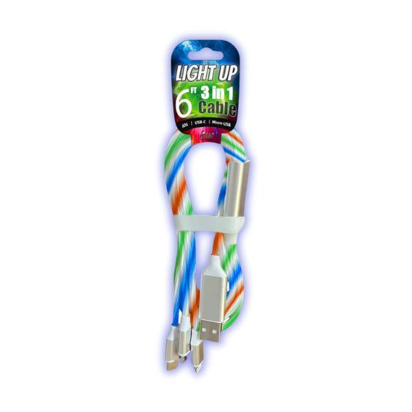 6 foot 3-in-1 Light Up Cable - Pack of 12 from Mila Lifestyle Accessories