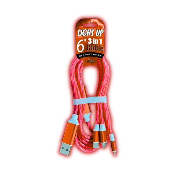6 foot 3-in-1 Light Up Cable - Pack of 12 from Mila Lifestyle Accessories