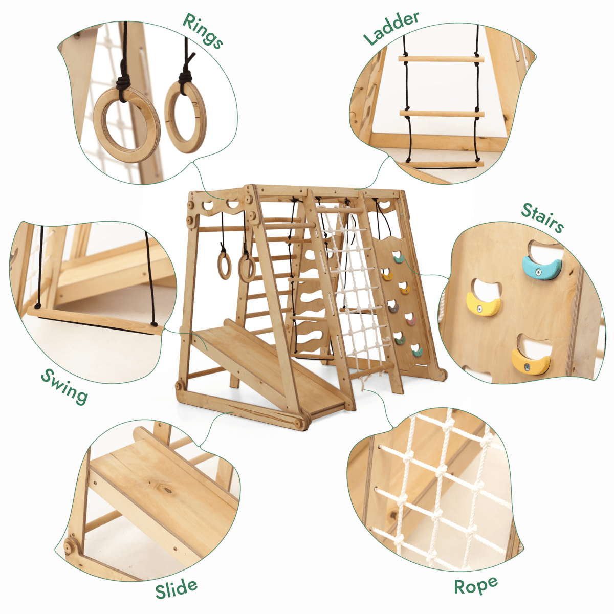 6in1 Indoor Jungle Gym for Toddler: Playground + Swings Set + Slide Board + Rope + Stairs from Goodevas