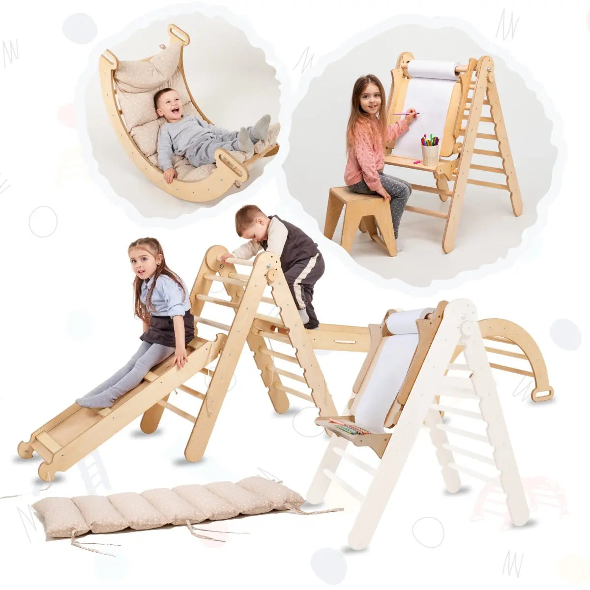 6in1 Montessori Climbing Set: Triangle Ladder + Arch/Rocker + Slide/Ramp + Net + Cushion + Art Addition from Goodevas