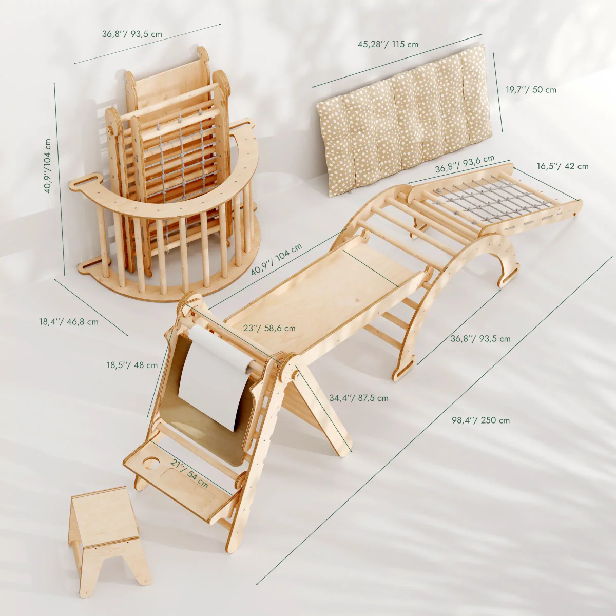 6in1 Montessori Climbing Set: Triangle Ladder + Arch/Rocker + Slide/Ramp + Net + Cushion + Art Addition from Goodevas