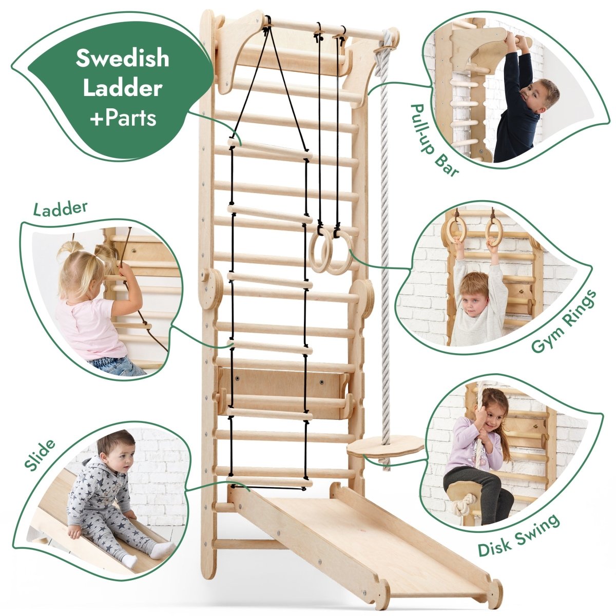 6in1 Wooden Swedish Wall / Climbing ladder for Children + Swing Set + Slide Board from Goodevas