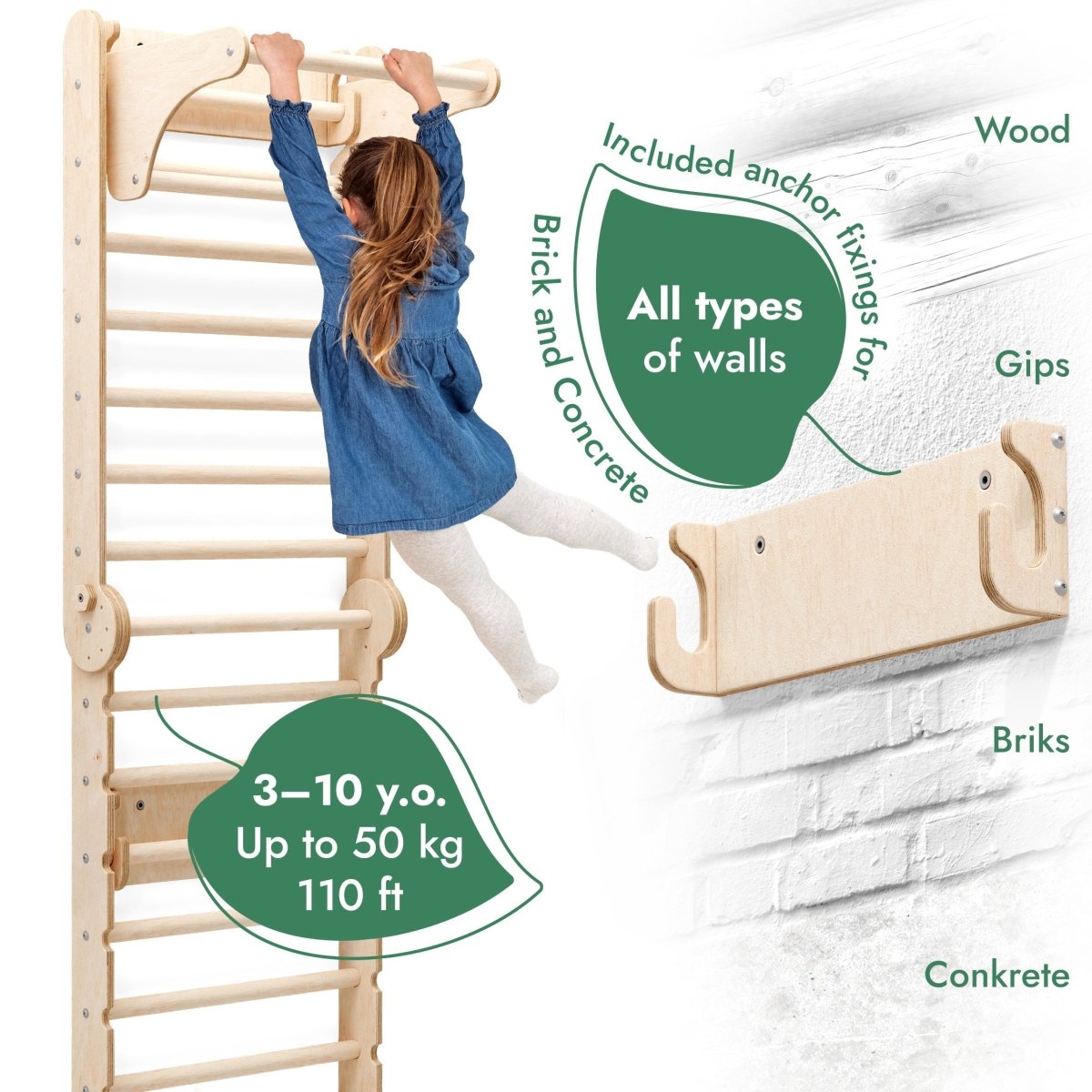 6in1 Wooden Swedish Wall / Climbing ladder for Children + Swing Set + Slide Board from Goodevas