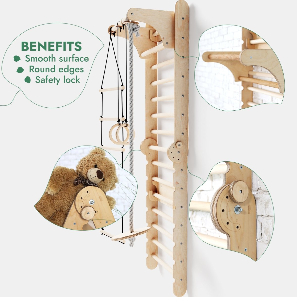 6in1 Wooden Swedish Wall / Climbing ladder for Children + Swing Set + Slide Board from Goodevas