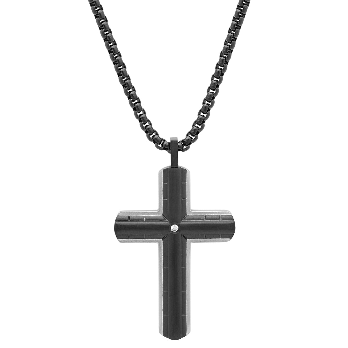 Black Cross Pendant With Simulated Diamond From Steel Time