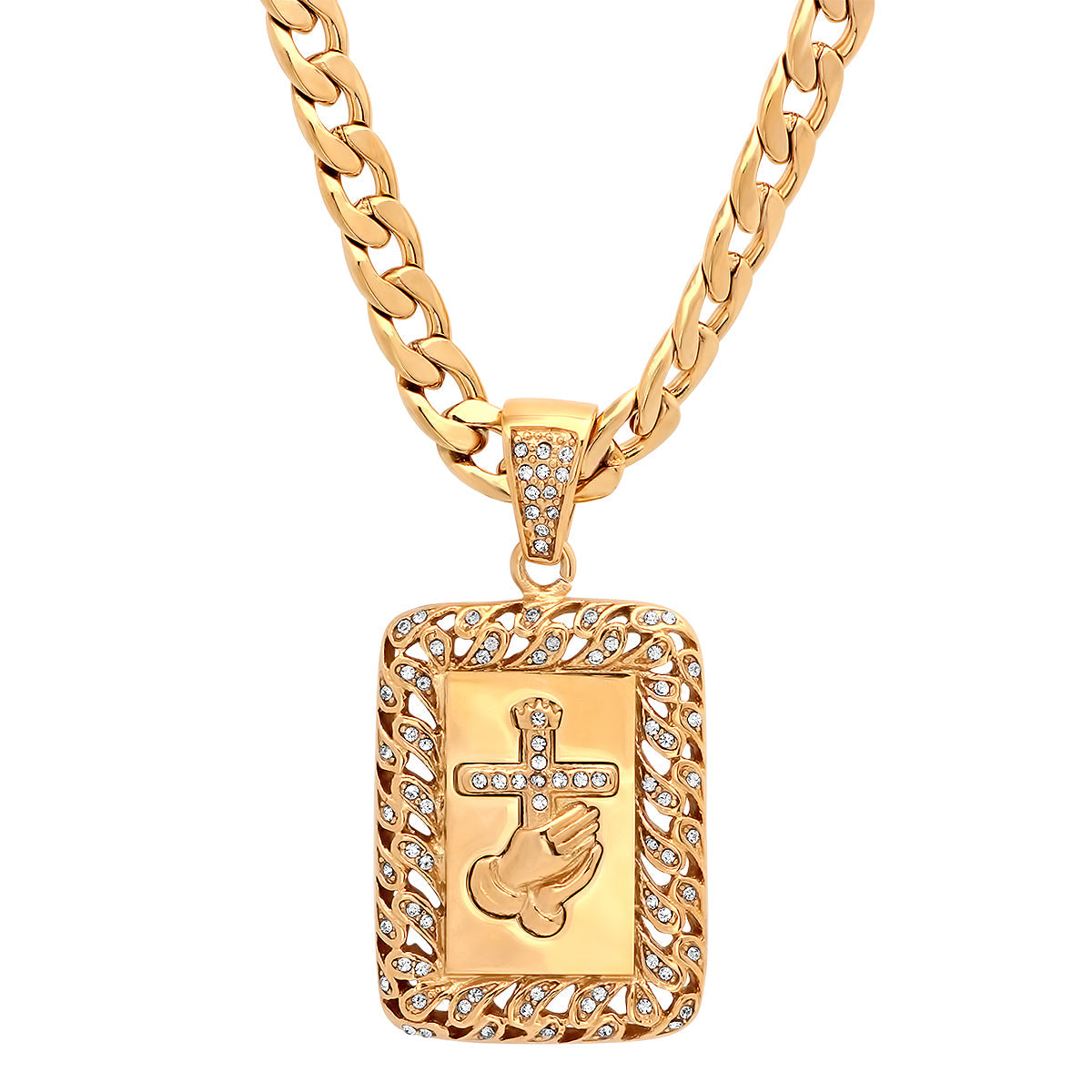 Gold 18k Plated Stainless Steel Prayer Hands And Cross Pendant With Simulated Diamonds From Steel Time
