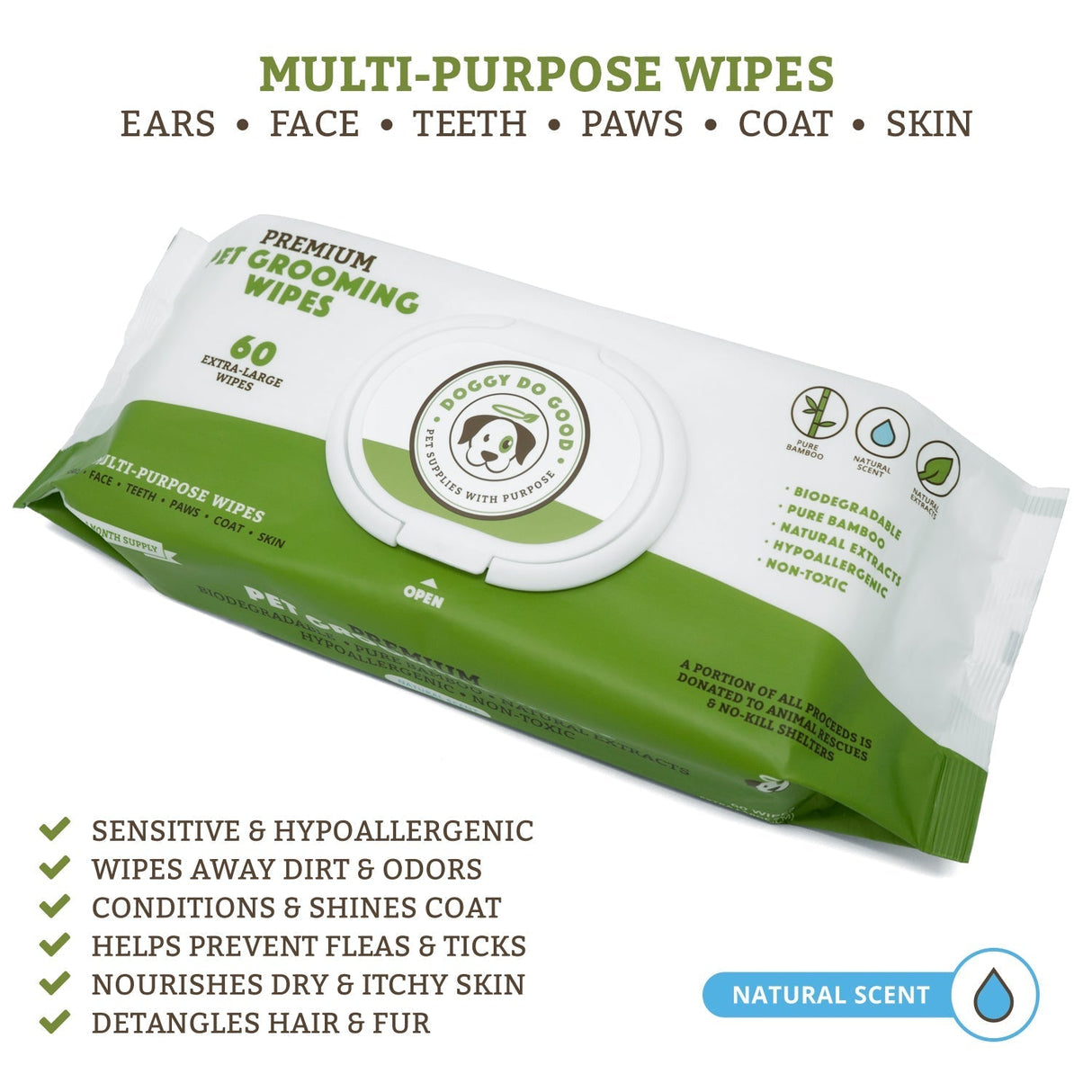Biodegradable Grooming Wipes - Lavender Scent (60 Wipes) from Doggy Do Good®