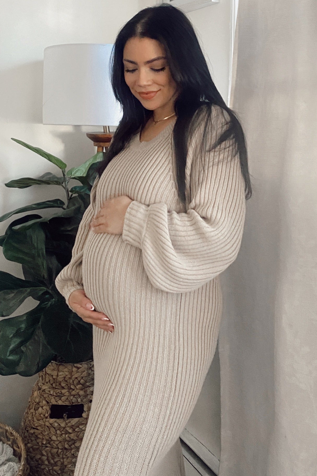 Beige Side Slit Maternity Maxi Sweater Dress from PinkBlush