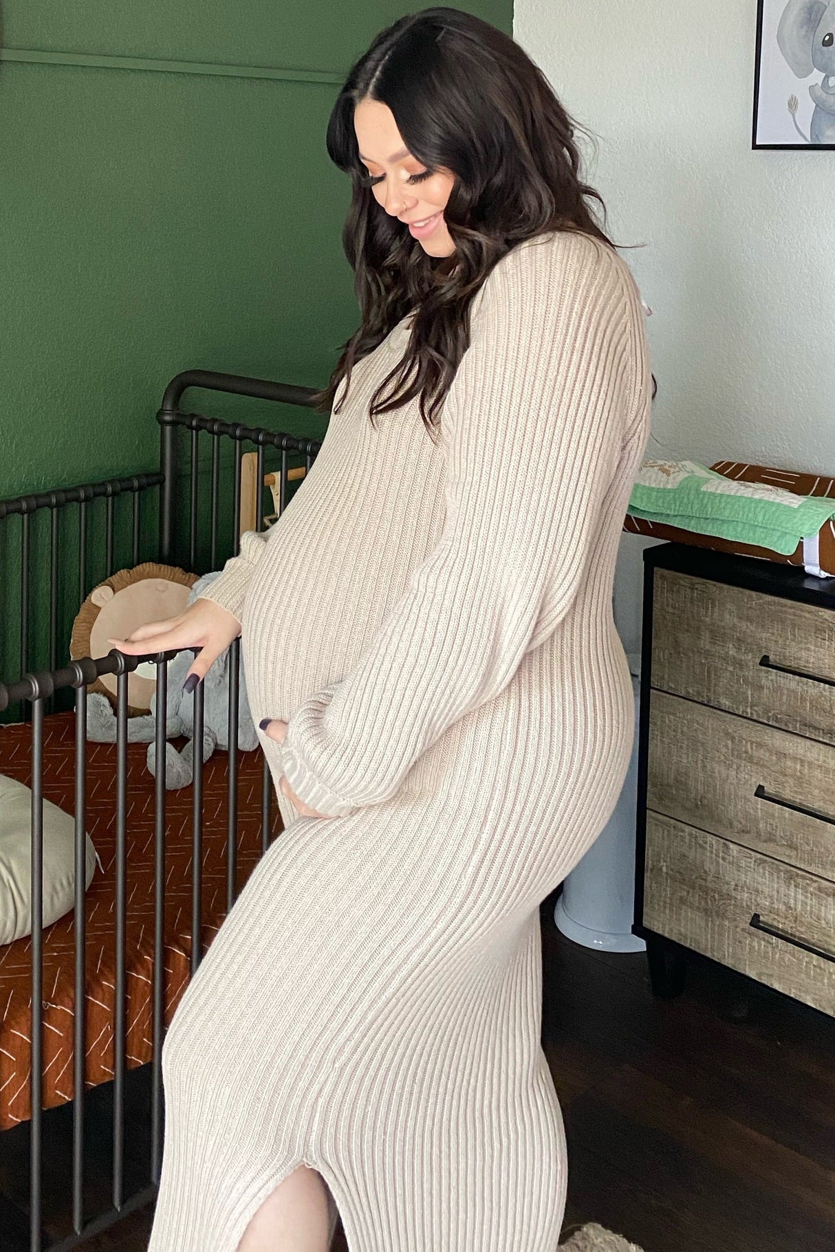 Beige Side Slit Maternity Maxi Sweater Dress from PinkBlush