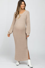 Beige Side Slit Maternity Maxi Sweater Dress from PinkBlush