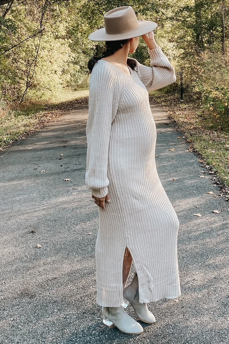 Beige Side Slit Maternity Maxi Sweater Dress from PinkBlush