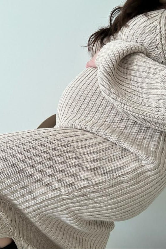 Beige Side Slit Maternity Maxi Sweater Dress from PinkBlush