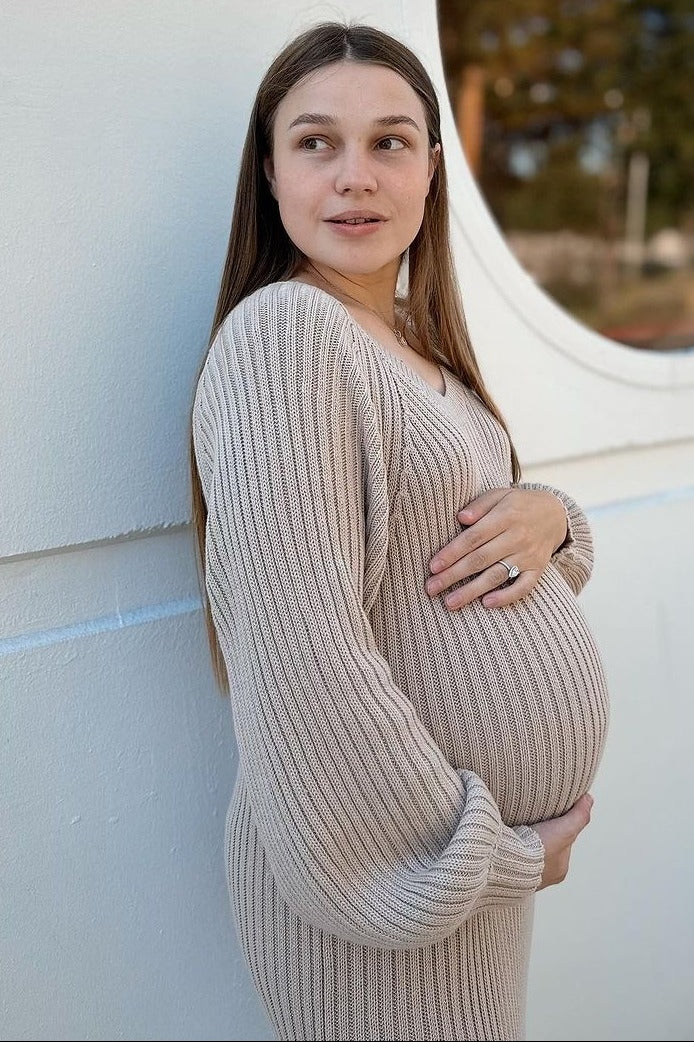 Beige Side Slit Maternity Maxi Sweater Dress from PinkBlush