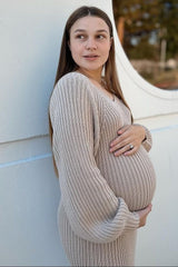 Beige Side Slit Maternity Maxi Sweater Dress from PinkBlush