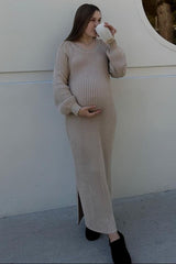 Beige Side Slit Maternity Maxi Sweater Dress from PinkBlush