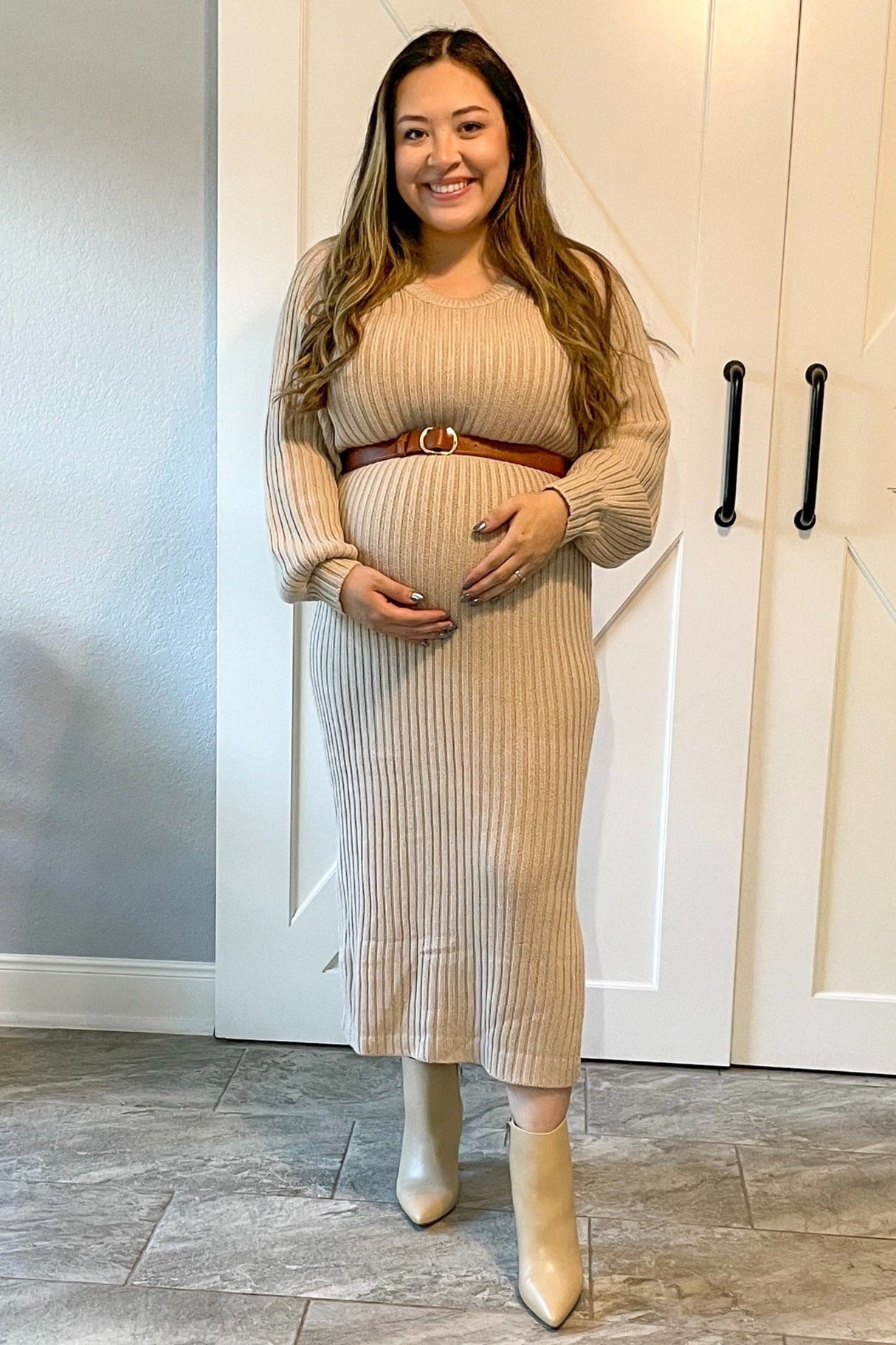 Beige Side Slit Maternity Maxi Sweater Dress from PinkBlush