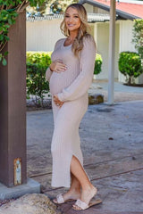 Beige Side Slit Maternity Maxi Sweater Dress from PinkBlush