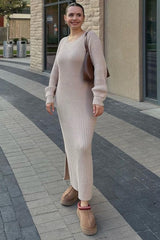 Beige Side Slit Maxi Sweater Dress from PinkBlush