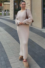 Beige Side Slit Maxi Sweater Dress from PinkBlush