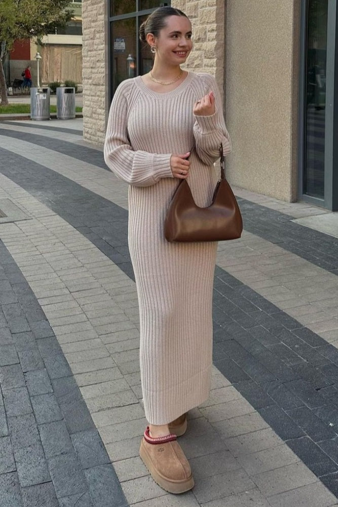 Beige Side Slit Maxi Sweater Dress from PinkBlush