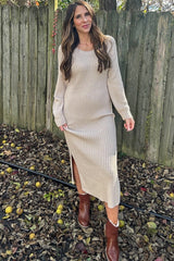 Beige Side Slit Maxi Sweater Dress from PinkBlush
