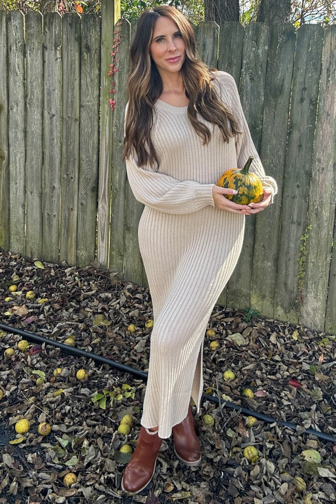 Beige Side Slit Maxi Sweater Dress from PinkBlush