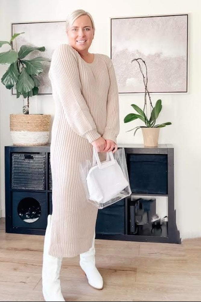 Beige Side Slit Maxi Sweater Dress from PinkBlush
