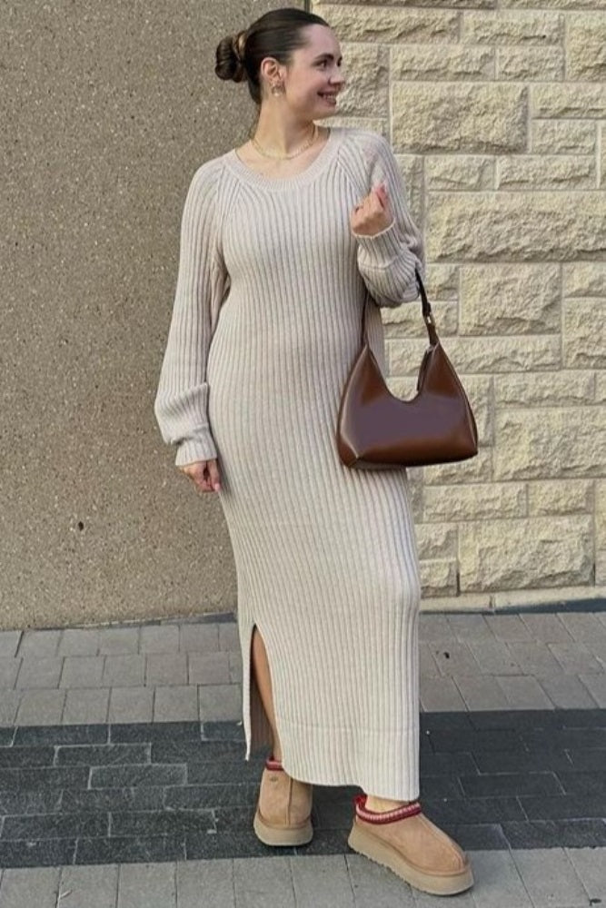 Beige Side Slit Maxi Sweater Dress from PinkBlush
