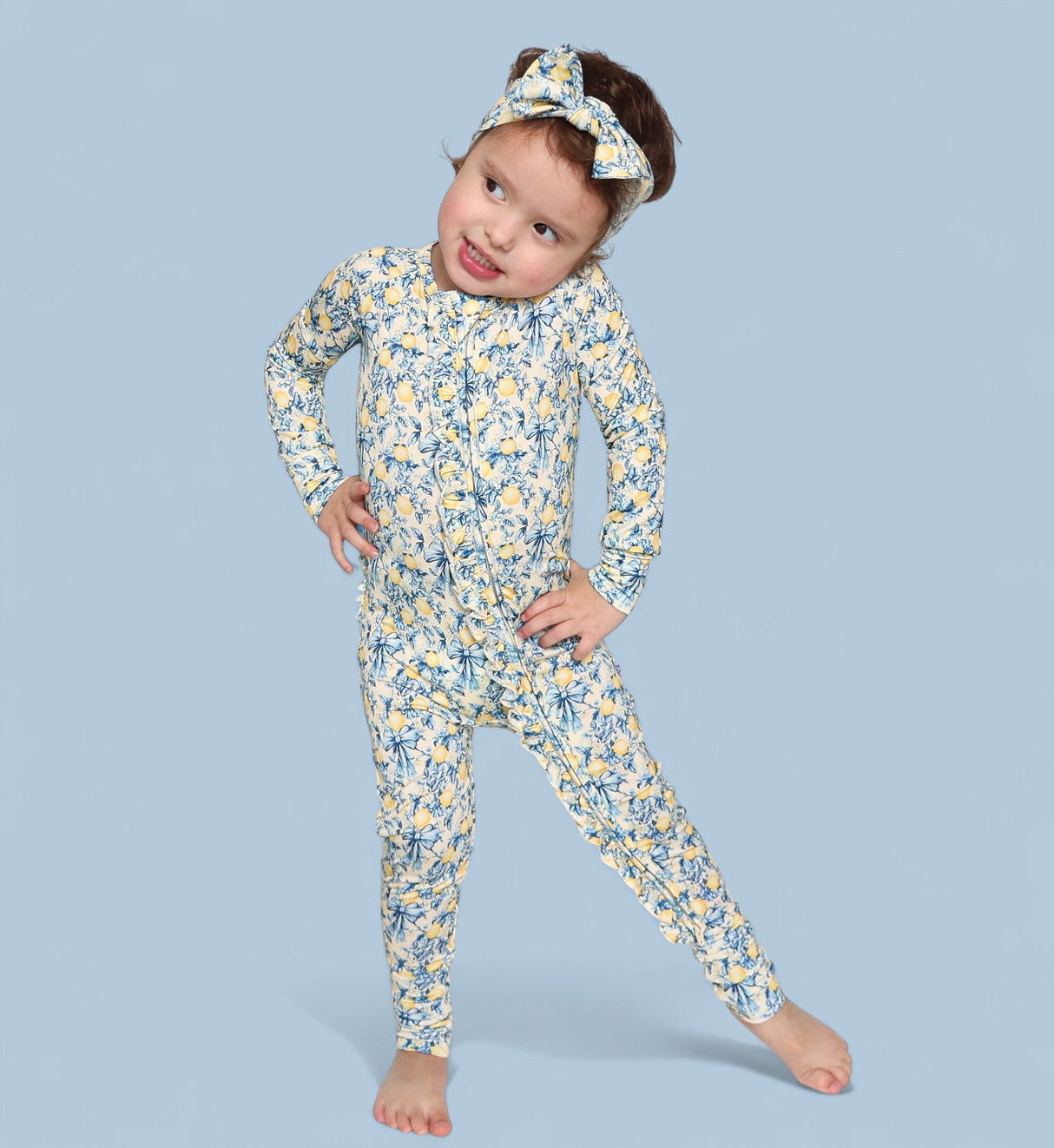 VINTAGE CITRUS TOILE DREAM RUFFLE ROMPER from DREAM BIG LITTLE CO