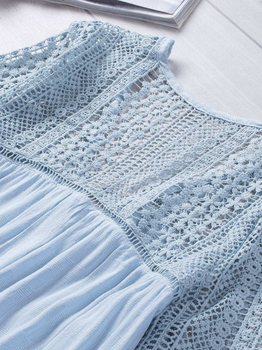 3/4 Sleeve Crochet Blouse in Light Blue from MsDressly