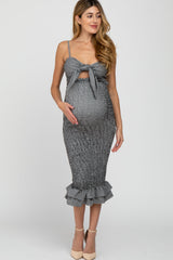 Black Gingham Print Smocked Fitted Self-Tie Maternity Midi Dress from PinkBlush