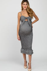 Black Gingham Print Smocked Fitted Self-Tie Maternity Midi Dress from PinkBlush
