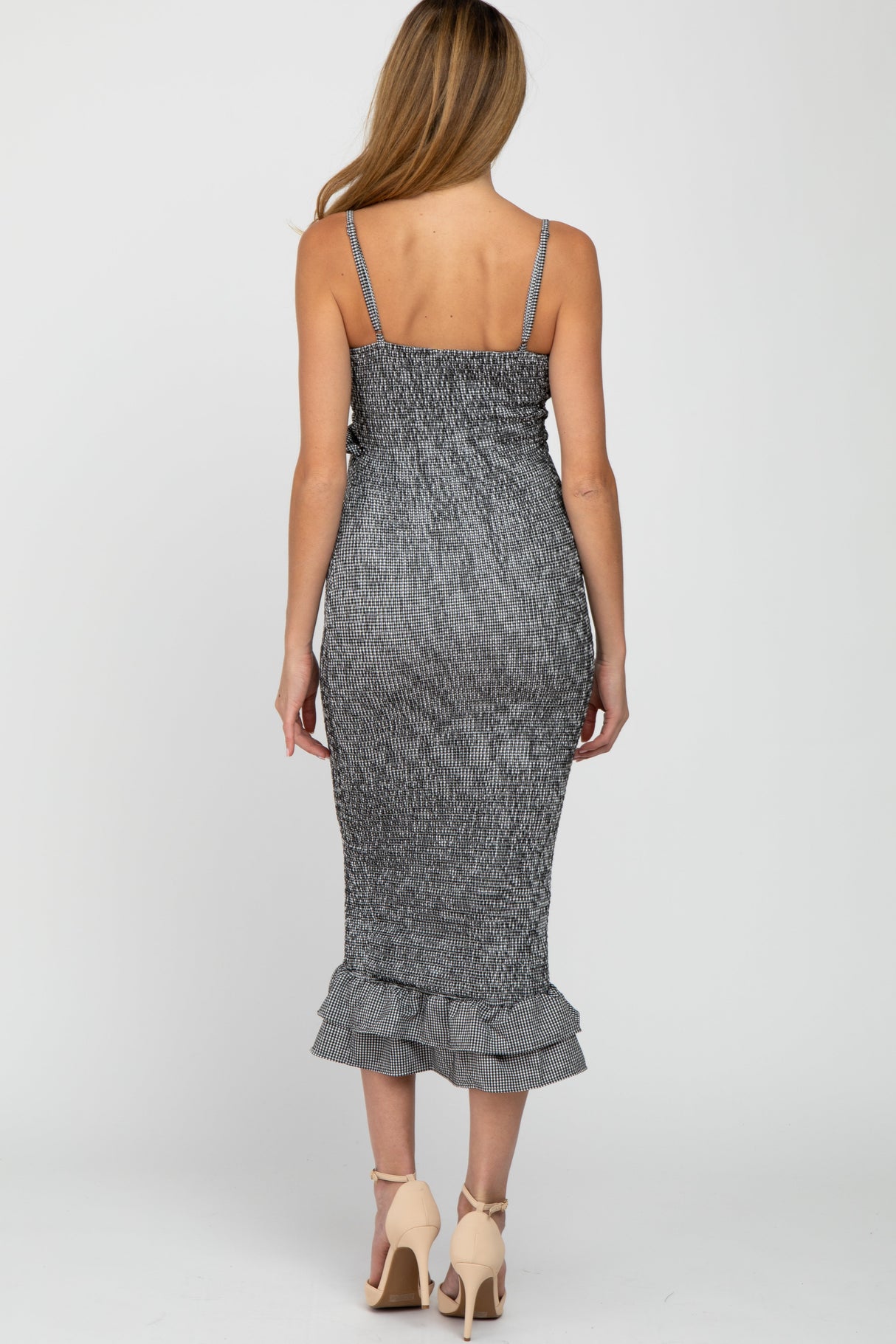 Black Gingham Print Smocked Fitted Self-Tie Maternity Midi Dress from PinkBlush