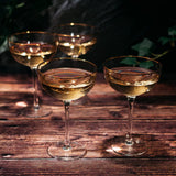 Vintage Crystal Champagne Coupe Gold Rim Glasses | Set of 4 | 7 oz, Gilded Rim Classic Cocktail Glassware - Martini, Manhattan, Cosmopolitan, Sidecar, Daiquiri | 1920s Style Saucer Goblets | Gift Box from The Wine Savant