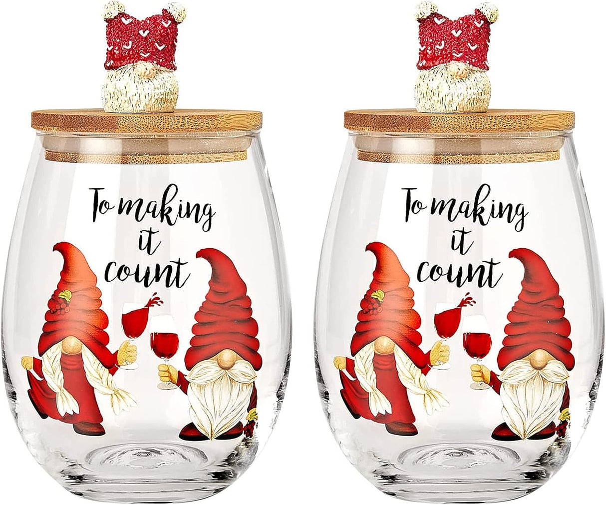 Christmas Gnome Wine & Water Glasses With Dwarf Wood Cover - Set of 2-17.5oz - Santa Holiday Festive Gnomes Stemless Clear Wine Glass For Red Or White Wine - Wines Glass for Women Friends Men Sister from The Wine Savant